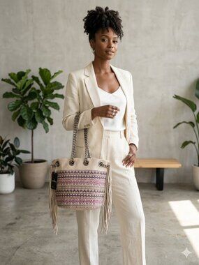 Southwest Aztec Fringe Handbag Boho Canvas Chain Strap Bag